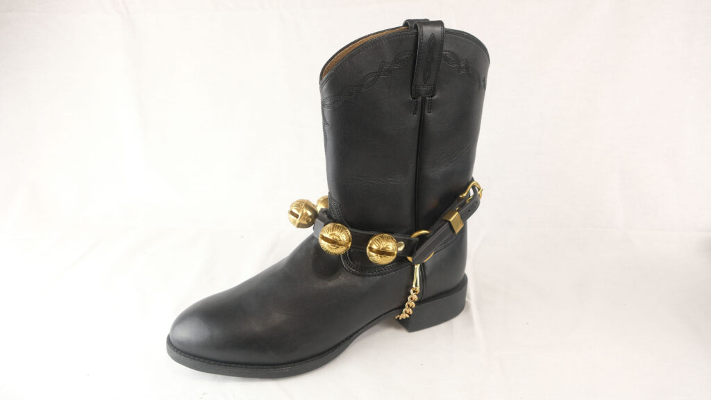 Boot Bell Set With Yellow Cast Brass Sleigh Bells And Black Brown Or